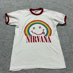 Nirvana Rainbow Smile Logo Graphic Tee White Red Short Sleeve T-Shirt Size Small